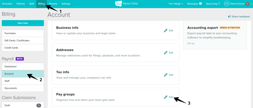 The Account tab showing the Edit button next to Pay Groups