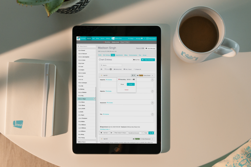 Practitioner's desk using AI Scribe for clinical notes