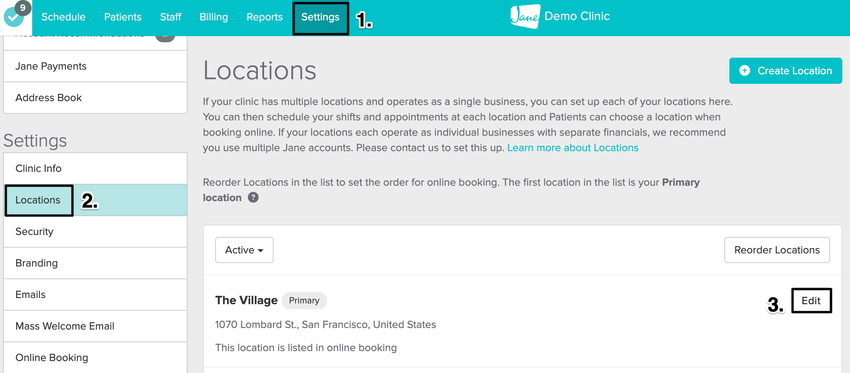 An image of the navigational steps to get to the location settings in Jane