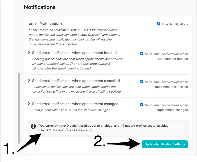 The Notifications area with the Set all to enabled button beneath the notification options