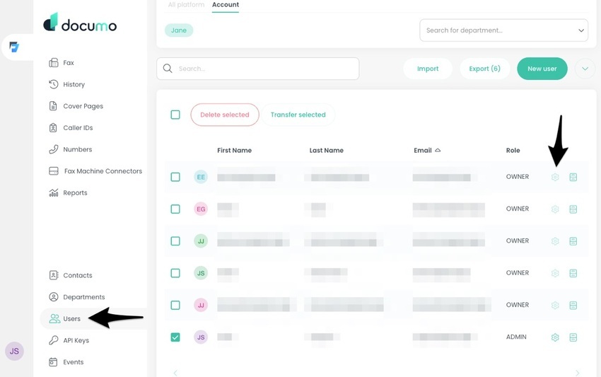 The Documo Users list with the cogwheel menu open next to a user profile