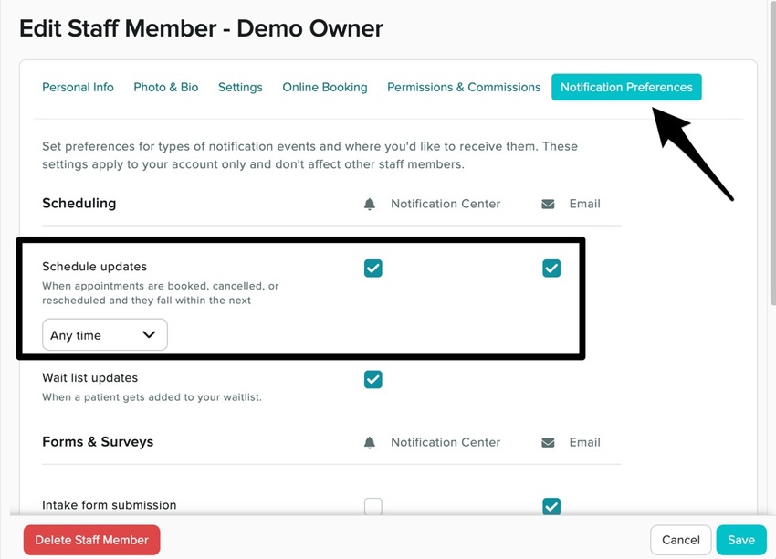 the notification preferences tab in a staff profile's settings