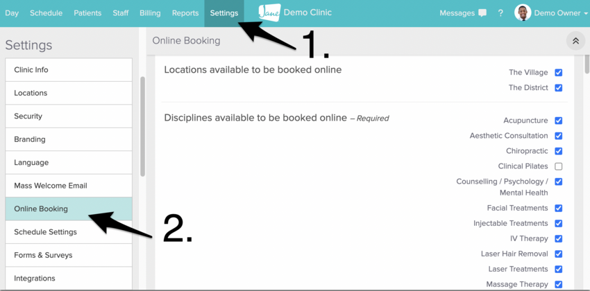 The Treatments Available to be Booked Online section in Online Booking settings, showing checkboxes next to each treatment