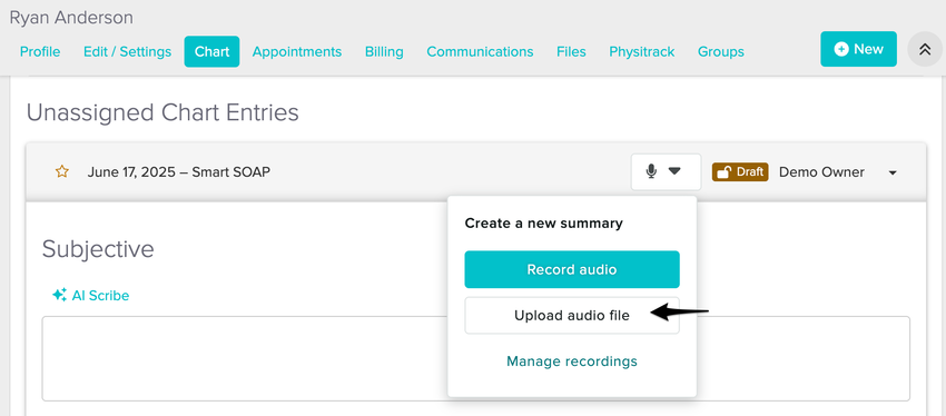 The top of a Smart SOAP Note chart entry showing the microphone icon selected with the Upload Audio File option.