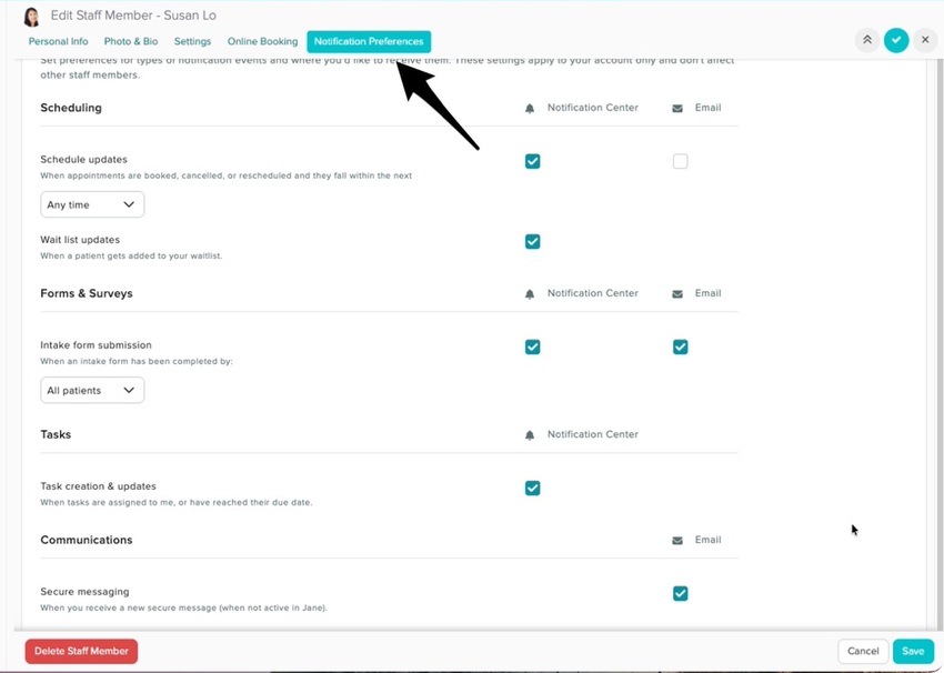 the notifications preferences tab in the Edit/Settings area