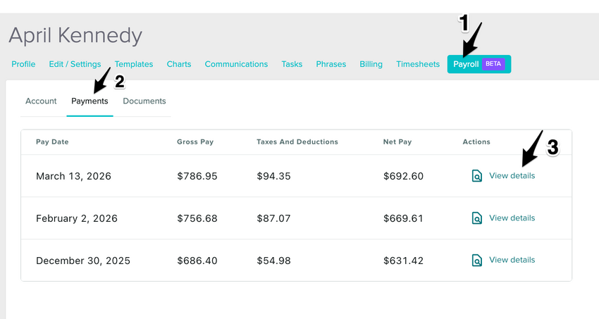 The Payments section in the Payroll tab showing the pay run list with Pay Date, Gross Pay, Taxes and Deductions, and Net Pay columns