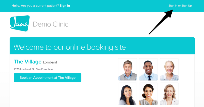 The Jane online booking site showing the Sign In or Sign Up button in the top-right corner