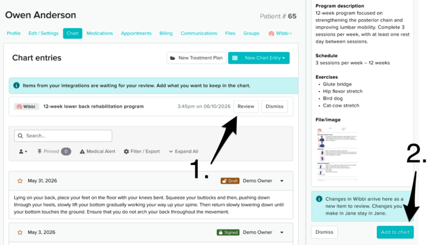The Review button at the top of the patient's charting area