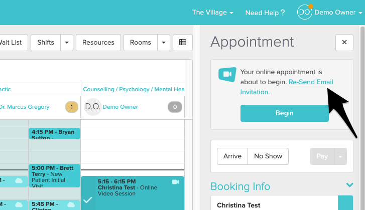 the Resend invitation link in the appointment panel
