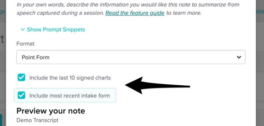 The Smart SOAP Note prompt editor showing both the Include the last 10 signed charts and Include most recent intake form checkboxes selected.