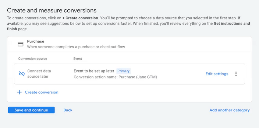 The conversion action with the Save and continue button underneath it
