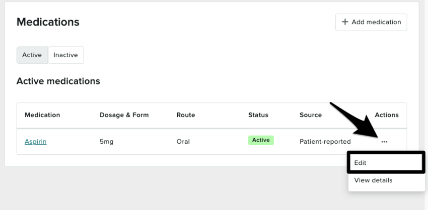 The patient's medication tab with the three dots to the right of an active medication selected