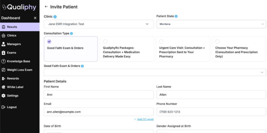 Qualiphy's Invite Patient page with the patient details filled in from Jane