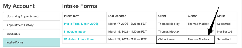An image of where the completed intake forms are stored in the My Account patient portal