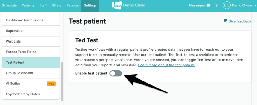 The test patient page with the enable test patient toggle