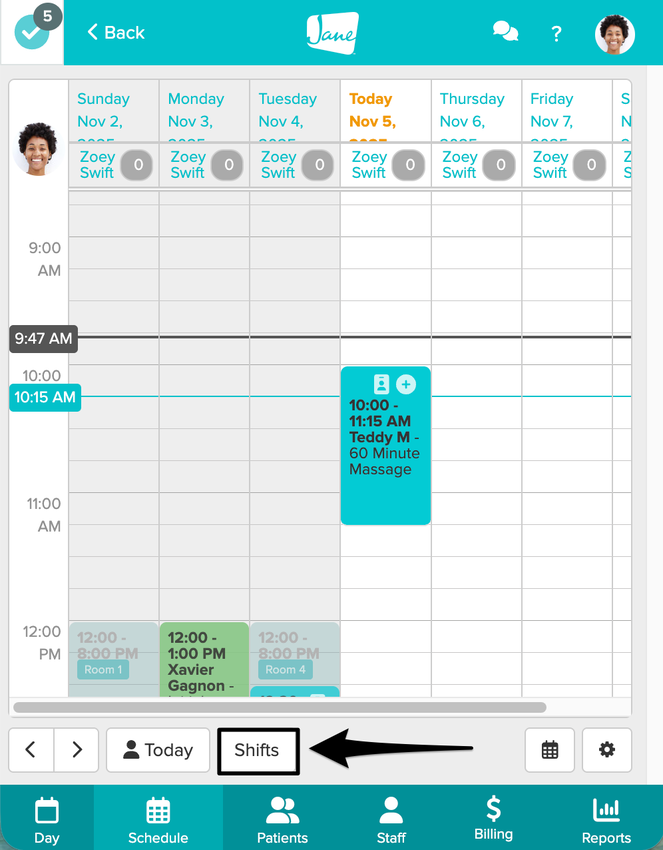An image of what it looks like to view the shifts button on a device with a smaller screen