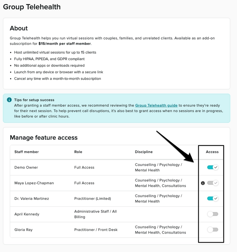 he Manage feature access section of the Group Telehealth settings page, showing the Access toggle next to each staff member