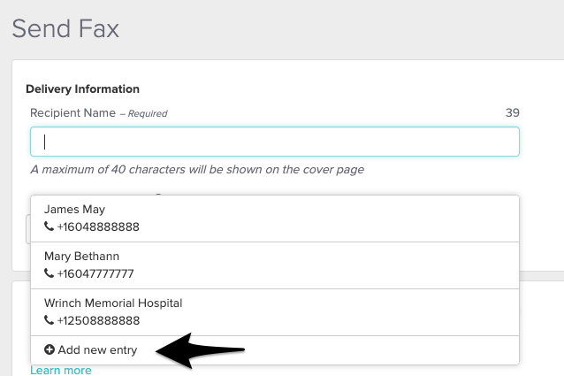 The Recipient Name field showing the Add New Entry option