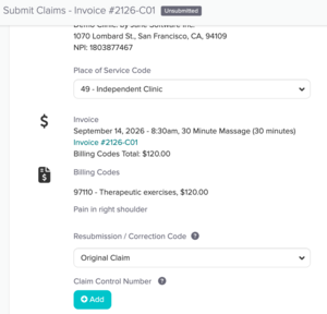 The Submit Claims page showing the Resubmission / Correction Code drop-down set to Original Claim and the Add button under Claim Control Number