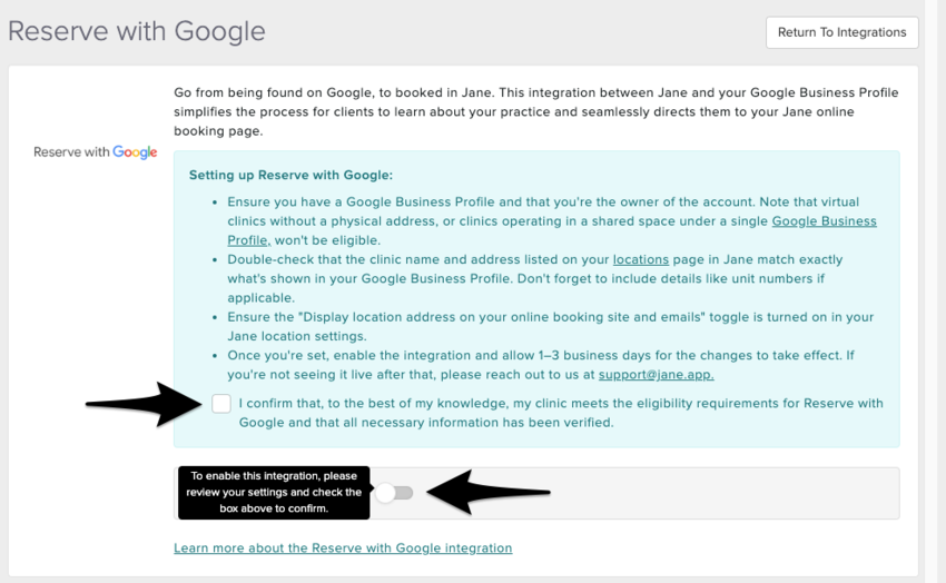 The integration set up page with the enable toggle