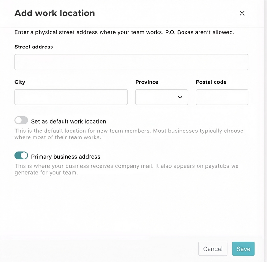 The work location setup screen showing the address fields and toggles