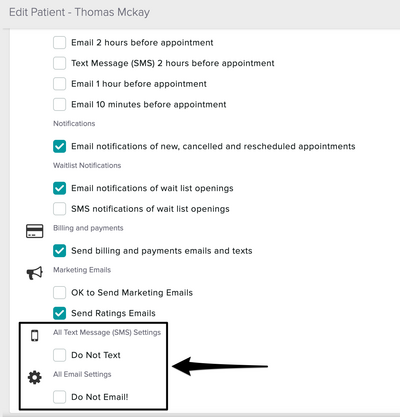 An image of the reminders section within a patient's profile with both Do not Text and Do not Email turned off