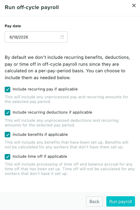 The off-cycle payroll options screen showing the deduction and calculation checkboxes