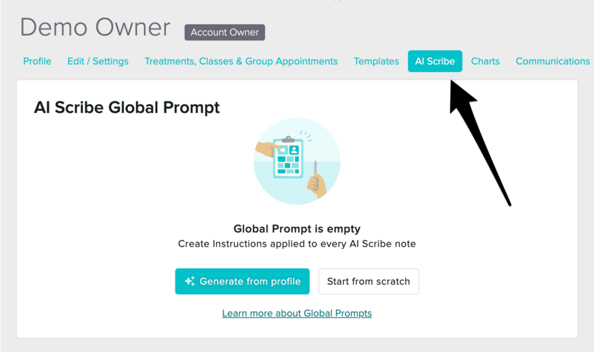 The AI Scribe tab in a staff profile with a button to generate from profile or generate from scratch