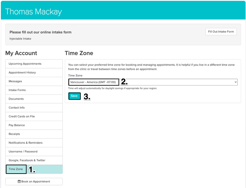 An image of the navigational steps to view and update time zones from the patient portal