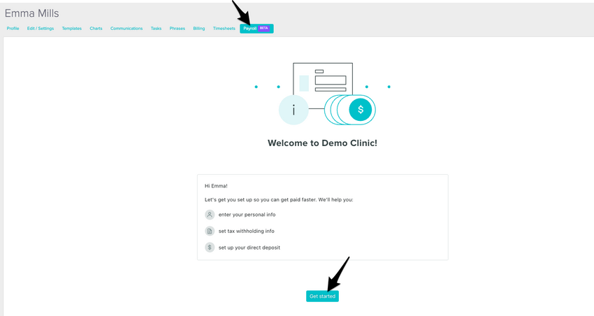 The Payroll tab in a staff profile showing the Get Started button