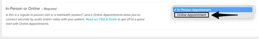 An image of the section and where to select online or in person for the appointment type