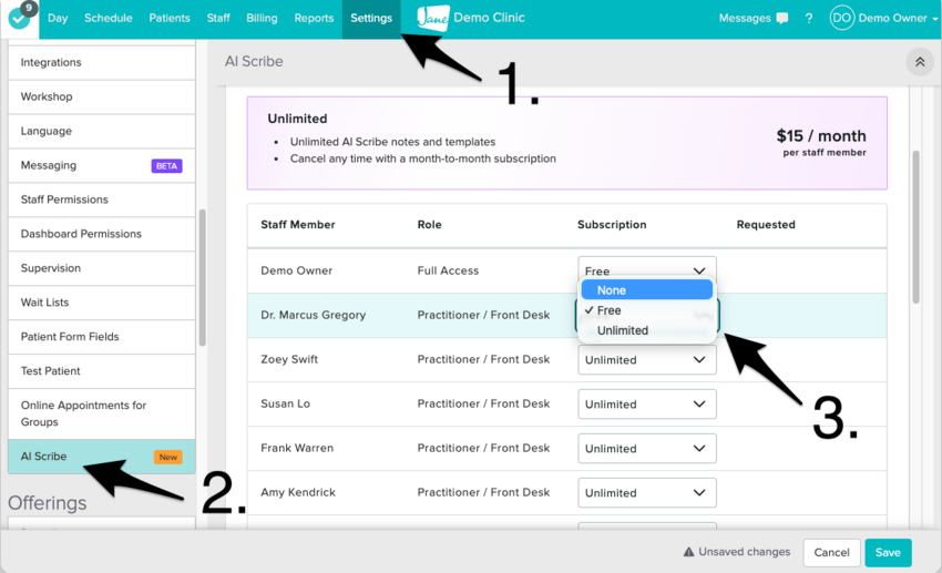 The AI Scribe settings page showing the staff list with the Subscription dropdown open for a staff member