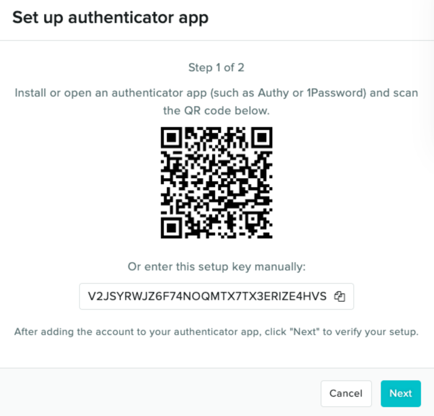 The authenticator app set up screen showing a QR code and a setup key