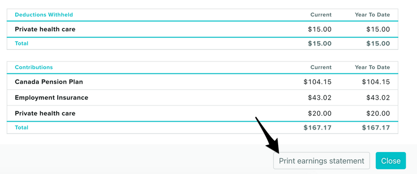 The View Details page showing the Print earnings statement button