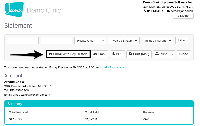 an image of what the patient statement looks like with the Email with Pay Button included