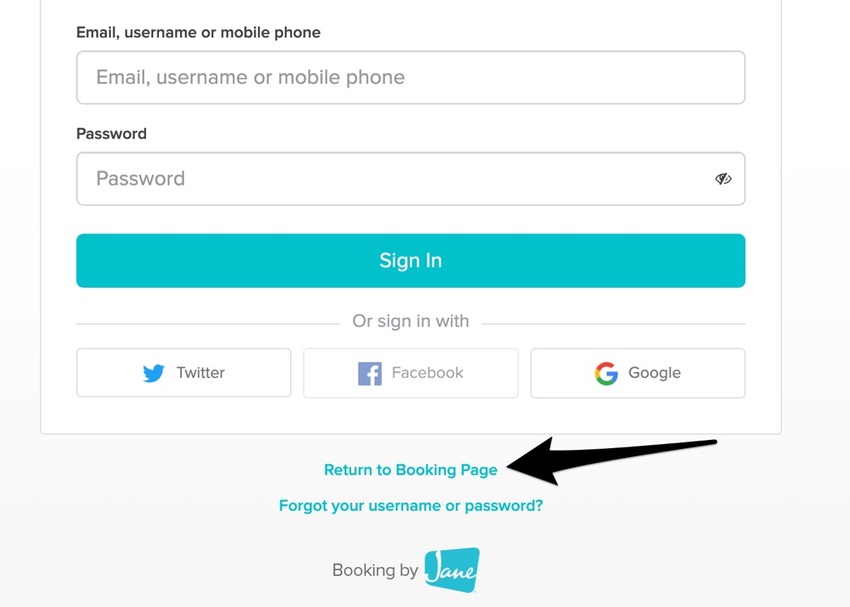 the login screen with the Return to booking option underneath the blue sign in button