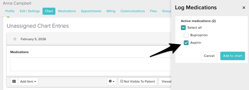 A chart entry with the medication chart part selected and a checklist list of active medications available to add to the chart