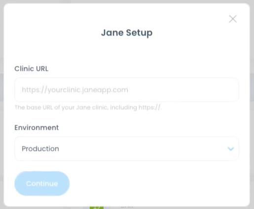 the Jane Setup screen with a field for the clinic's URL and an environment dropdown menu set to Production