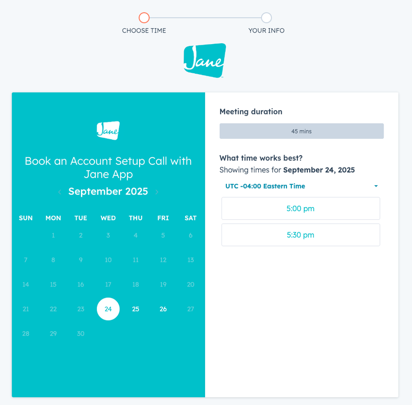 an image of the second screen to select the preferred time of an account set up consultation call with the support team