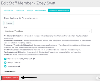 An image of the bottom of a staff profile showing the Delete Staff Member option