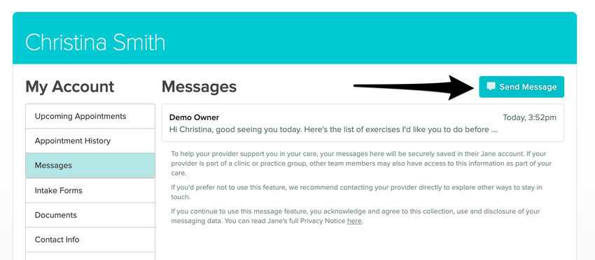 The messaging tab in the patient portal with an arrow pointing at the blue Send Message button
