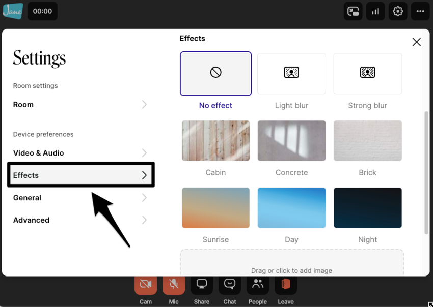 The Telehealth settings menu showing the Effects option selected from the cogwheel menu
