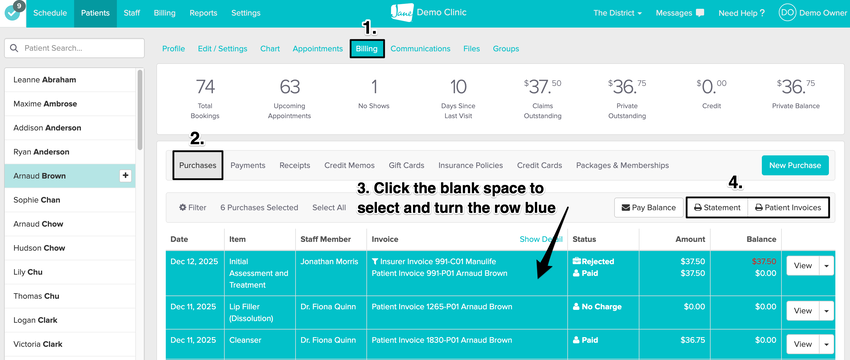 an image of the navigational steps with the invoices selected and where to view and click on either the Statement or Patient Invoices button