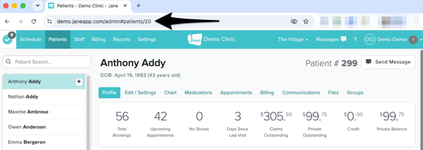 A patient's profile open with the patient ID at the end of the webpage's URL