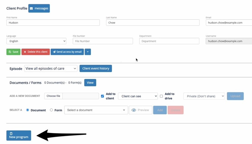 The Wibbi patient page with the New program button underneath the patient's details.