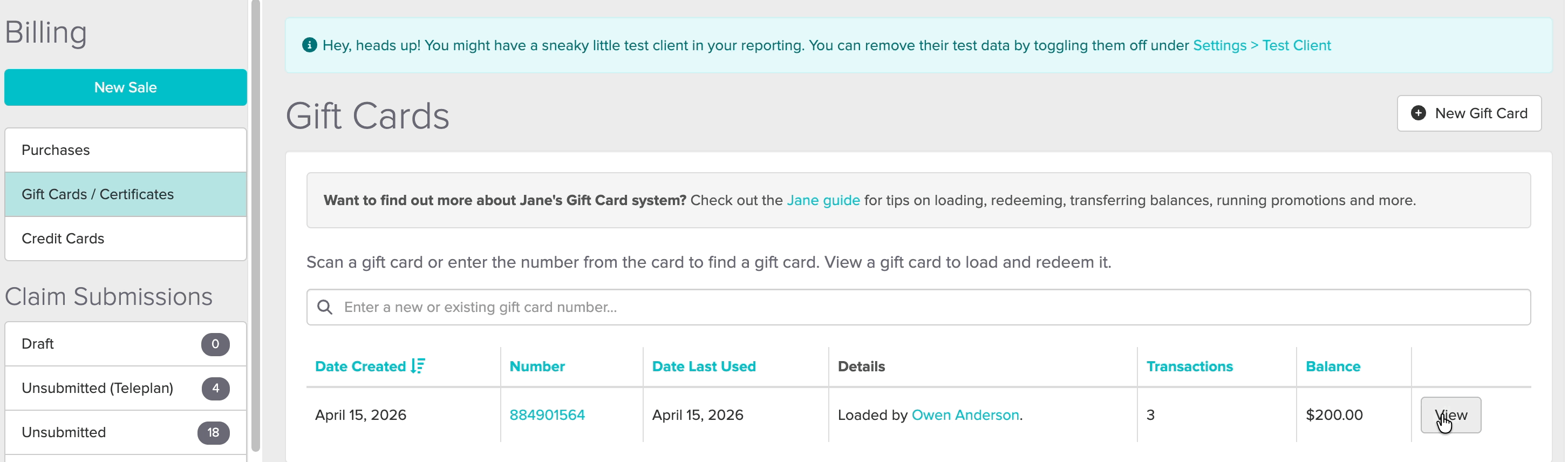 A short video showing how to redeem a gift card from the Billing tab in Jane