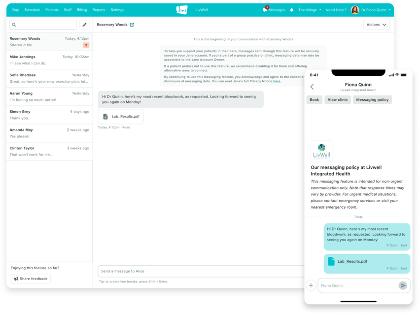 A practitioner and patient exchange secure messages and a file attachment through Jane's Secure Messaging.