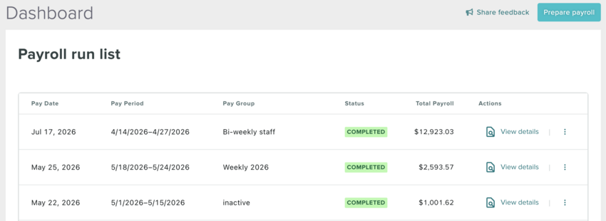 The Payroll Run List showing a payroll run with Processing and Completed status indicators