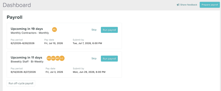 The Dashboard showing the Run Payroll button beside each pay group