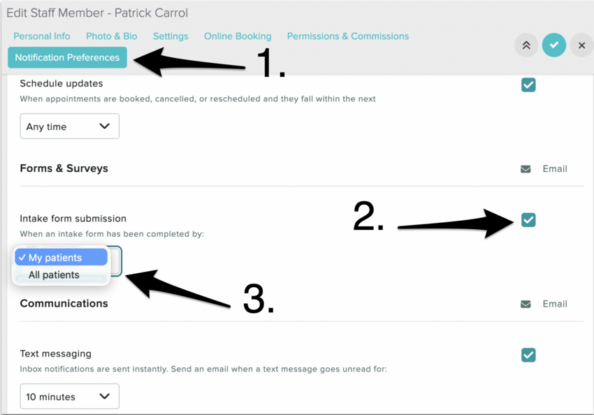 The notification preferences tab with an arrow pointing to the intake form checkbox